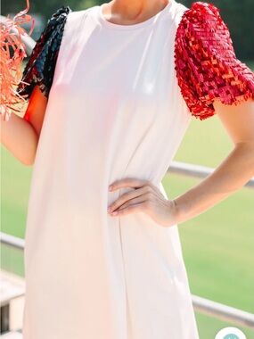 TCEC White Mini Dress with Red & Black Sequin Puff Sleeves